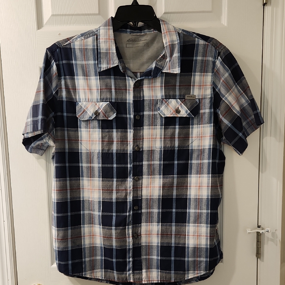 Eddie Bauer Blue and White Casual Button Down Shirt with Classic Plaid Design